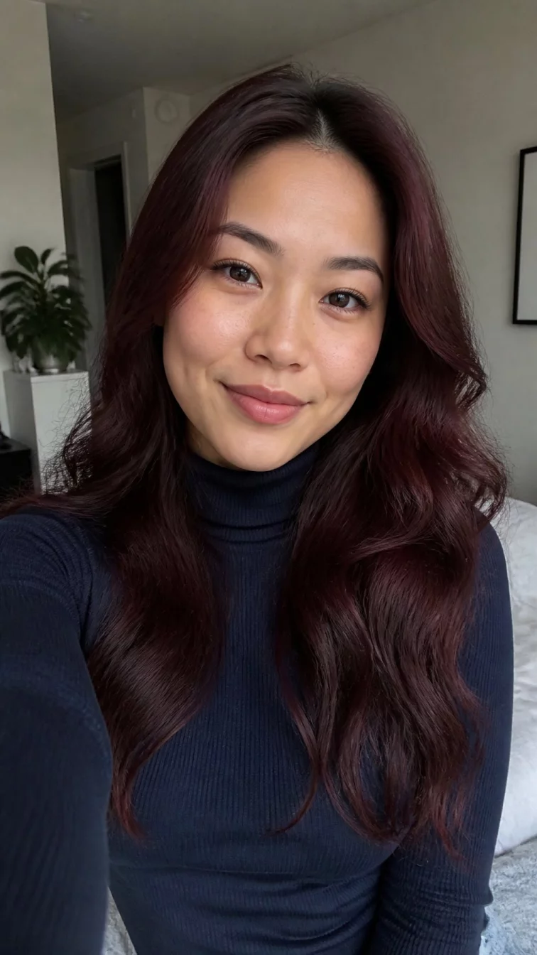 selfie of a 29-year-old East Asian woman with a pear-shaped face, dark brown, button nose, thin arched eyebrows, and full lips. Her face features dimples, light freckles, and subtle natural facial asymmetry. She has deep-set brown eyes, soft cheekbones, closed-mouth smile, relaxed. She is athletic and is wearing a navy blue turtleneck sweater with mahogany teasylights waist-length wavy hair, overcast daylight, indoor