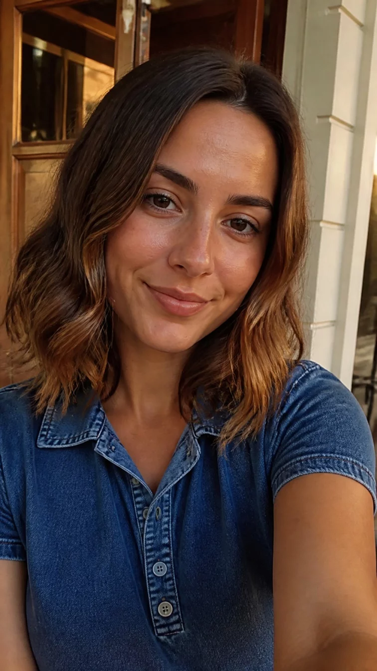 selfie of a 26-year-old Northern European woman with a square face, dark brown, upturned nose, straight eyebrows, and full lips. Her face features dimples, light freckles, and subtle natural facial asymmetry. She has downturned brown eyes, high cheekbones, subtle smile, thoughtful. She is petite and is wearing a denim blue polo shirt with frosted cocoa shoulder-length wavy hair, warm indoor lighting, outdoor
