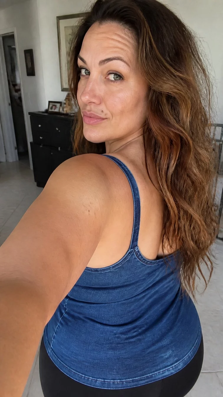 selfie A back photo of a 40-year-old Eastern European woman with a oblong face, light, aquiline nose, straight eyebrows, and full lips. Her face features beauty mark near the lip, a few laugh lines, and subtle natural facial asymmetry. She has hooded green eyes, high cheekbones, neutral expression, playful. She is plus-size and is wearing a denim blue tank-style top with caramel drizzle brunette mid-back wavy hair, warm indoor lighting, indoor