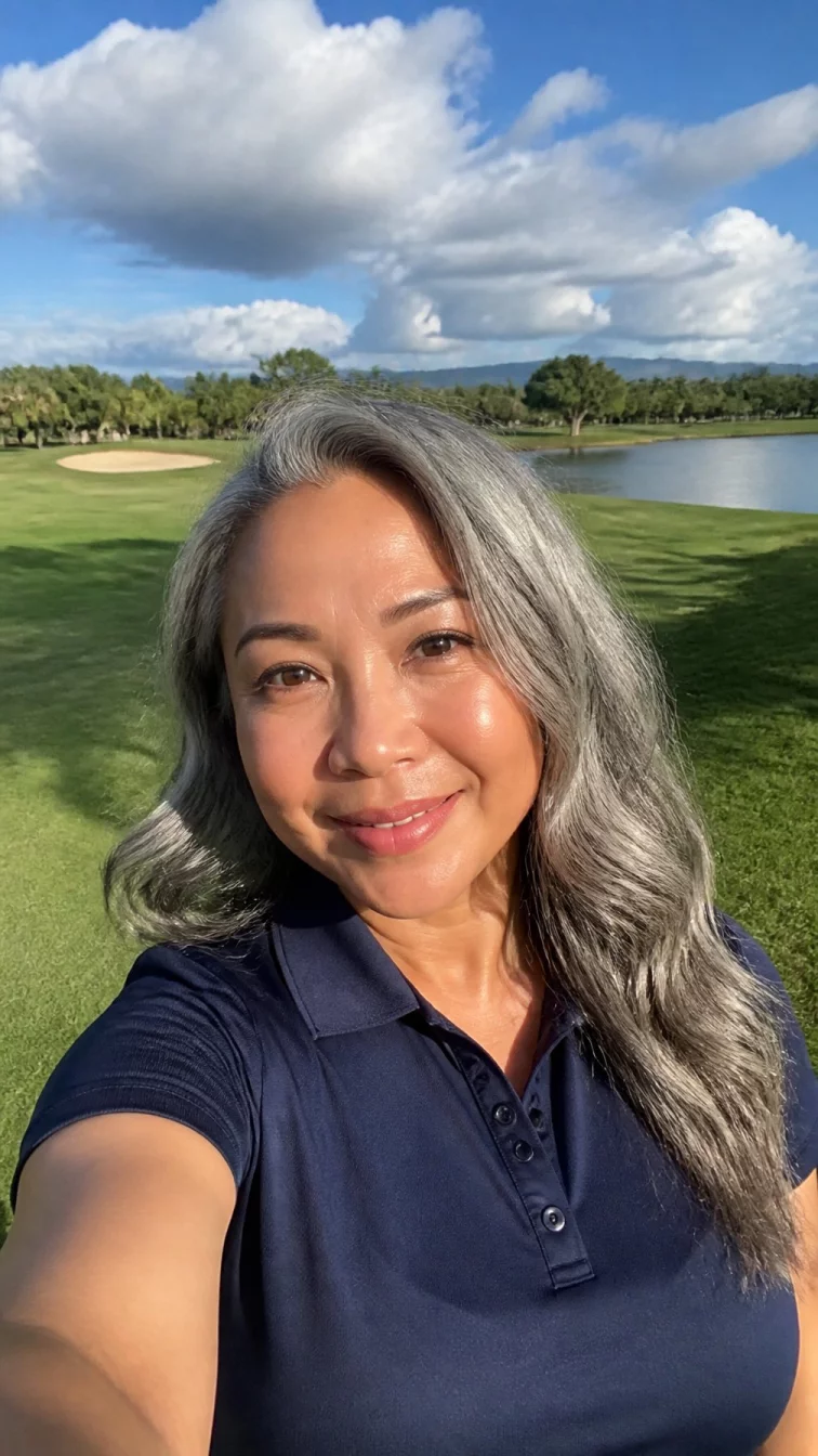 selfie of a 40-year-old Southeast Asian woman with a pear-shaped face, fair, broad nose, straight eyebrows, and full lips. Her face features uneven eyebrows, faint under-eye shadows, and subtle natural facial asymmetry. She has almond-shaped dark brown eyes, pronounced cheekbones, subtle smile, cheerful. She is athletic and is wearing a navy blue golf polo with silver birch gray long wavy hair, bright natural daylight, outdoor