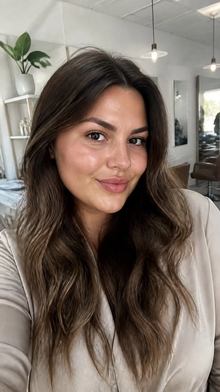 selfie of a 25-year-old Northern European woman with a pear-shaped face, tan, upturned nose, thick natural eyebrows, and heart-shaped lips. Her face features slightly crooked smile, subtle acne marks, and subtle natural facial asymmetry. She has deep-set dark brown eyes, rounded cheeks, closed-mouth smile, confident. She is plus-size and is wearing a beige satin blouse with mushroom brown ombre mid-back wavy hair, bright natural daylight, hair salon