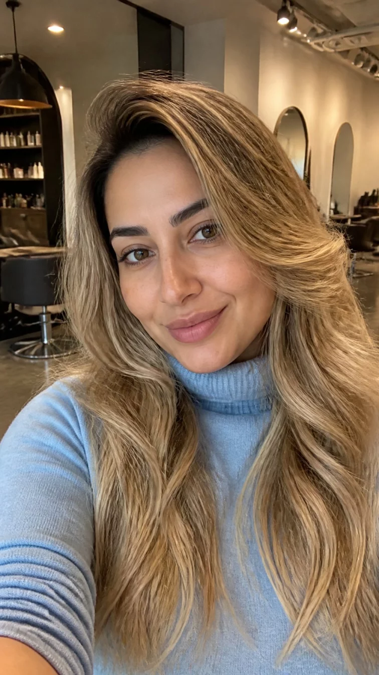 selfie of a 33-year-old Middle Eastern woman with a pear-shaped face, light, broad nose, softly curved eyebrows, and full lips. Her face features small scar on the eyebrow, faint under-eye shadows, and subtle natural facial asymmetry. She has deep-set amber eyes, rounded cheeks, broad smile, playful. She is slim and is wearing a baby blue turtleneck sweater with iced vanilla latte blonde long wavy hair, warm indoor lighting, hair salon