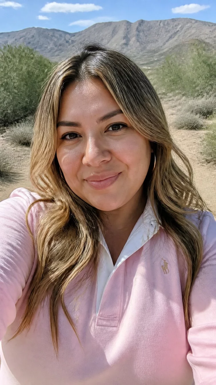 selfie of a 38-year-old Latina woman with a oval face, dark brown, broad nose, softly curved eyebrows, and wide lips. Her face features slightly crooked smile, a few laugh lines, and subtle natural facial asymmetry. She has monolid hazel eyes, rounded cheeks, subtle smile, cheerful. She is curvy and is wearing a blush pink rugby shirt with butterscotch blonde ribbons layered wavy hair, bright natural daylight, outdoor