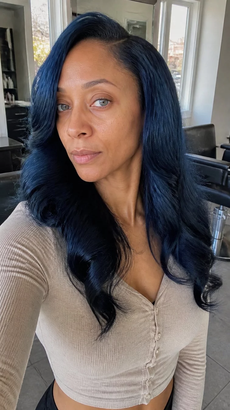selfie A side photo of a 38-year-old Afro-Caribbean woman with a oblong face, golden brown, straight nose, feathered eyebrows, and thin lips. Her face features slightly crooked smile, visible pores, and subtle natural facial asymmetry. She has round blue eyes, high cheekbones, neutral expression, relaxed. She is average and is wearing a beige cropped cardigan with midnight black with sapphire glaze voluminous wavy hair, bright natural daylight, hair salon
