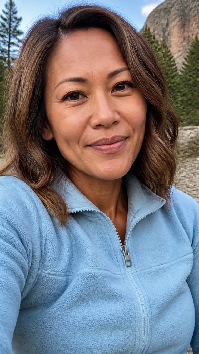 selfie of a 45-year-old East Asian woman with a diamond face, tan, broad nose, softly curved eyebrows, and full lips. Her face features dimples, a few laugh lines, and subtle natural facial asymmetry. She has round brown eyes, pronounced cheekbones, closed-mouth smile, thoughtful. She is athletic and is wearing a baby blue fleece pullover with pecan pie brown wavy lob hair, warm indoor lighting, outdoor