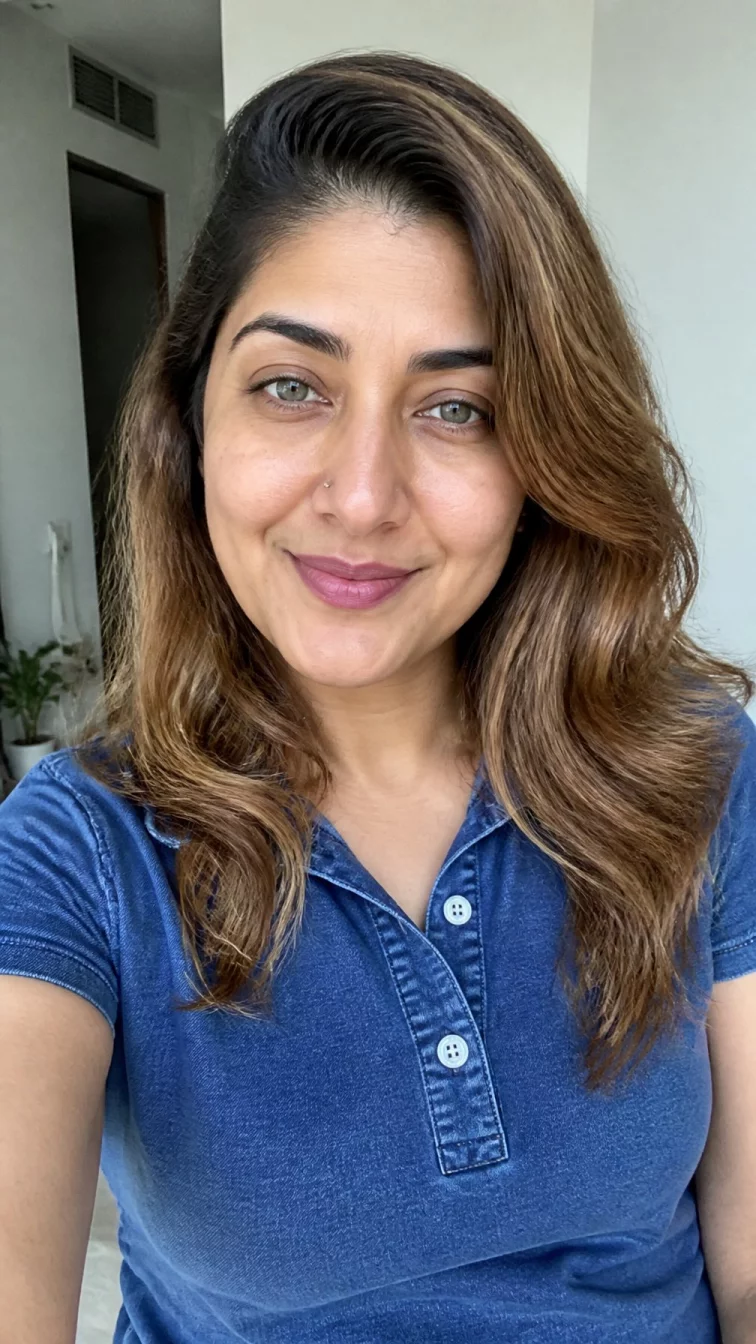 selfie of a 38-year-old South Asian woman with a pear-shaped face, dark brown, aquiline nose, thick natural eyebrows, and full lips. Her face features slightly crooked smile, subtle acne marks, and subtle natural facial asymmetry. She has hooded blue eyes, soft cheekbones, subtle smile, relaxed. She is average and is wearing a denim blue polo shirt with creamy chai latte mid-length waves hair, bright natural daylight, indoor