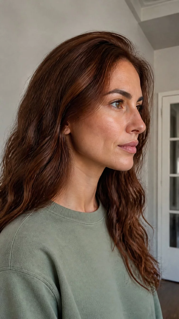 A side view photo of a 34-year-old Southern European woman with a oblong face, dark brown, narrow nose, feathered eyebrows, and full lips. Her face features dimples, visible pores, and subtle natural facial asymmetry. She has hooded amber eyes, pronounced cheekbones, neutral expression, relaxed. She is slim and is wearing a sage green crewneck sweatshirt with spiced cider auburn long wavy hair, bright natural daylight, indoor