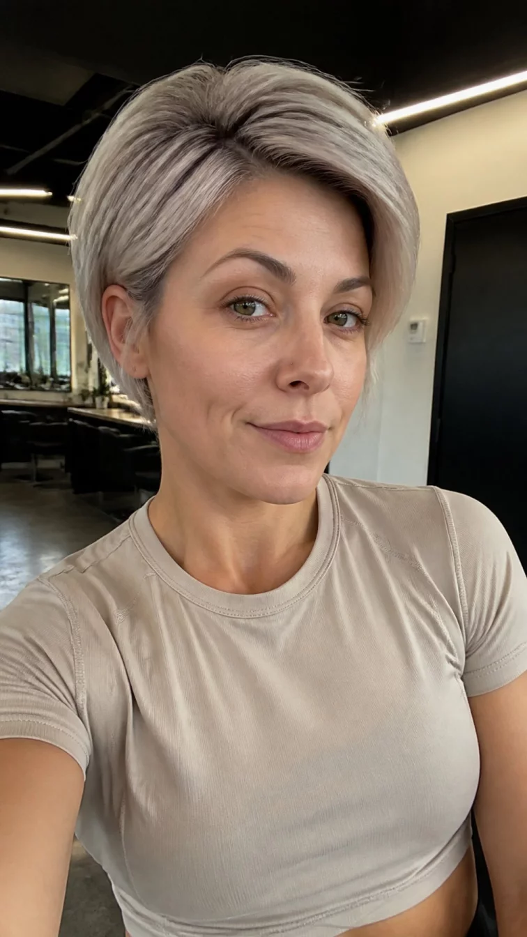 selfie of a 39-year-old Northern European woman with a heart-shaped face, golden brown, button nose, thin arched eyebrows, and heart-shaped lips. Her face features dimples, faint under-eye shadows, and subtle natural facial asymmetry. She has hooded hazel eyes, soft cheekbones, neutral expression, thoughtful. She is athletic and is wearing a beige athletic performance shirt with silver birch ash cropped cut hair, warm indoor lighting, hair salon