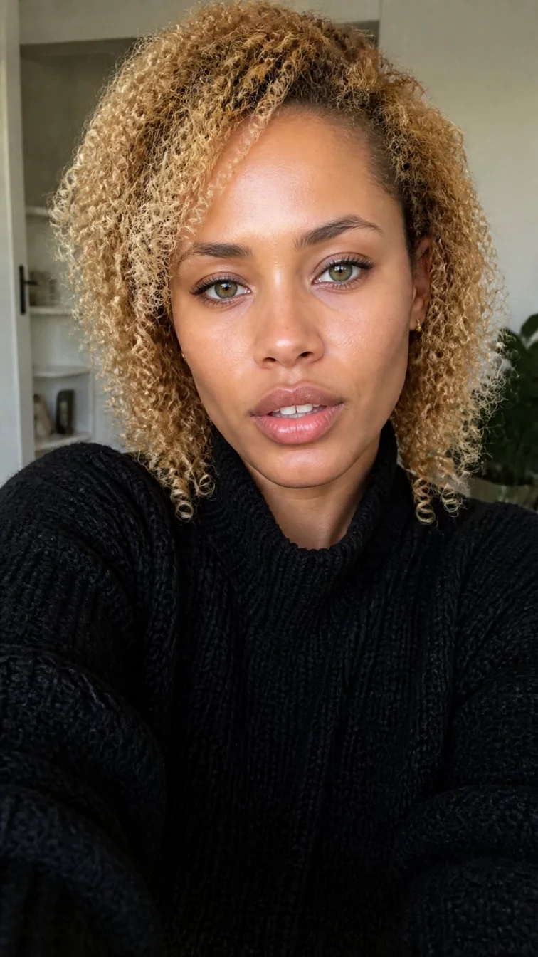 selfie of a 30-year-old Mixed-race woman with a oval face, deep brown, narrow nose, straight eyebrows, and full lips. Her face features gap between front teeth, a few laugh lines, and subtle natural facial asymmetry. She has monolid green eyes, pronounced cheekbones, neutral expression, confident. She is curvy and is wearing a black chunky knit sweater with golden wheat blonde curly hair, soft window light, indoor