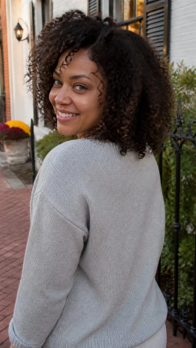 A back view photo of a 39-year-old Afro-Caribbean woman with a heart-shaped face, golden brown, narrow nose, softly curved eyebrows, and heart-shaped lips. Her face features widow's peak hairline, faint under-eye shadows, and subtle natural facial asymmetry. She has round blue eyes, high cheekbones, broad smile, playful. She is petite and is wearing a light gray cashmere sweater with oak barrel brunette curly afro hair, warm indoor lighting, outdoor