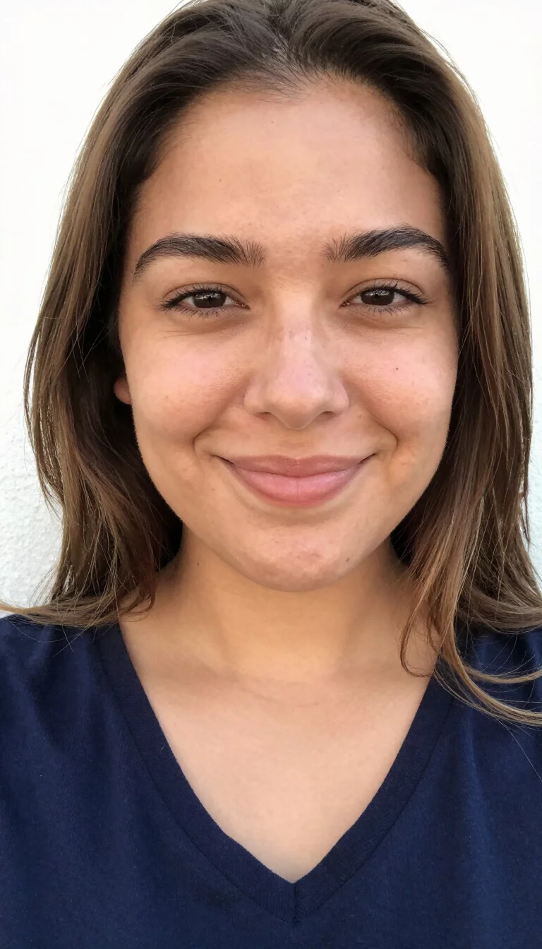selfie of a 31-year-old Latina woman with a heart-shaped face, light, button nose, softly curved eyebrows, and wide lips. Her face features small scar on the eyebrow, faint under-eye shadows, and subtle natural facial asymmetry. She has monolid dark brown eyes, pronounced cheekbones, closed-mouth smile, playful. She is curvy and is wearing a navy blue v-neck t-shirt with soft sandstone greige mid-length straight hair, bright natural daylight, outdoor
