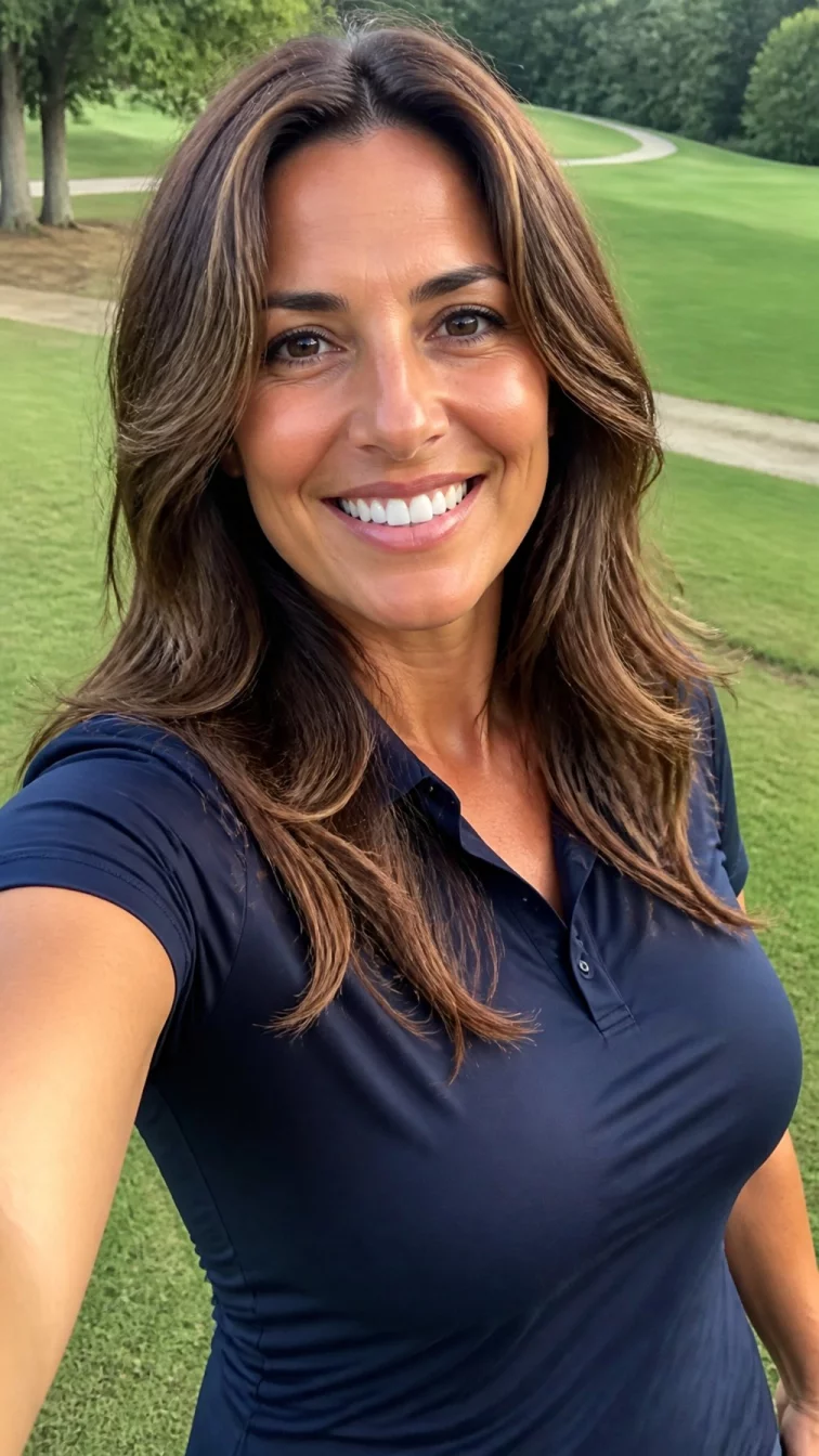 selfie of a 35-year-old Southern European woman with a heart-shaped face, tan, narrow nose, straight eyebrows, and wide lips. Her face features uneven eyebrows, a few laugh lines, and subtle natural facial asymmetry. She has round dark brown eyes, high cheekbones, broad smile, cheerful. She is curvy and is wearing a navy blue golf polo with caramelized pecan brunette shaggy layers hair, warm indoor lighting, outdoor