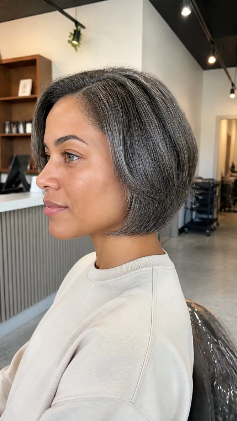 A side view photo of a 36-year-old Afro-Caribbean woman with a oval face, fair, narrow nose, straight eyebrows, and thin lips. Her face features small scar on the eyebrow, visible pores, and subtle natural facial asymmetry. She has monolid green eyes, soft cheekbones, broad smile, thoughtful. She is petite and is wearing a cream crewneck sweatshirt with antique pewter gray short bob hair, overcast daylight, hair salon
