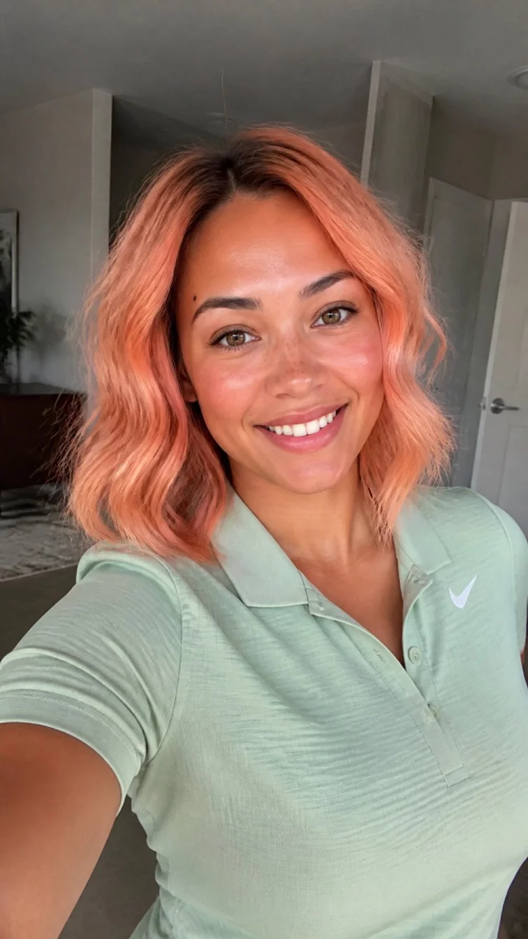 selfie of a 30-year-old Mixed-race woman with a diamond face, tan, rounded nose, straight eyebrows, and thin lips. Her face features gap between front teeth, slightly flushed cheeks, and subtle natural facial asymmetry. She has upturned amber eyes, rounded cheeks, broad smile, confident. She is average and is wearing a sage green golf polo with warm apricot sorbet wavy lob hair, bright natural daylight, indoor