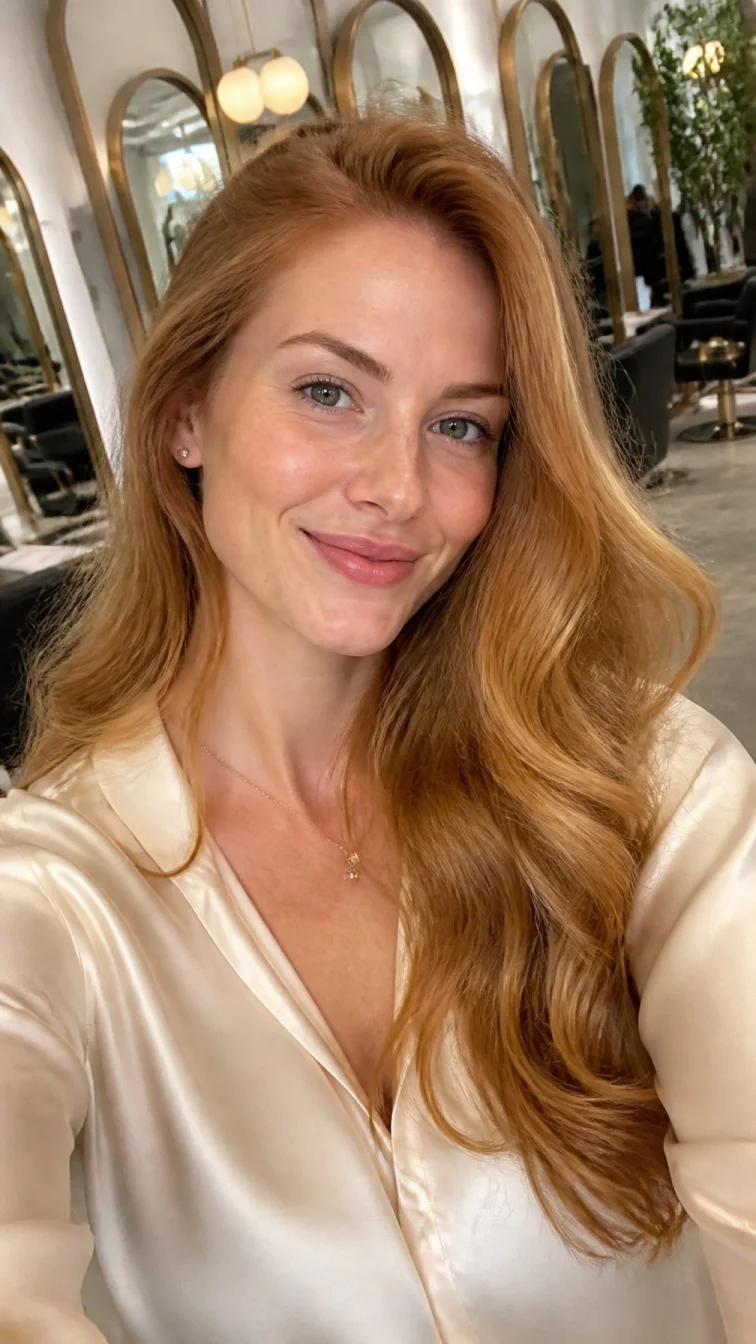 selfie of a 32-year-old Northern European woman with a diamond face, fair, narrow nose, softly curved eyebrows, and full lips. Her face features widow's peak hairline, light freckles, and subtle natural facial asymmetry. She has upturned gray eyes, high cheekbones, broad smile, confident. She is slim and is wearing a cream silk blouse with amber honey glaze long waves hair, bright natural daylight, hair salon