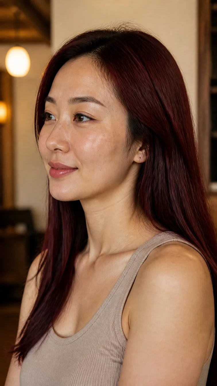 A side view photo of a 39-year-old East Asian woman with a diamond face, golden brown, narrow nose, softly curved eyebrows, and heart-shaped lips. Her face features faint freckles across the nose, visible pores, and subtle natural facial asymmetry. She has monolid dark brown eyes, high cheekbones, subtle smile, relaxed. She is petite and is wearing a beige tank top with burnt velvet crimson long straight hair, warm indoor lighting, indoor