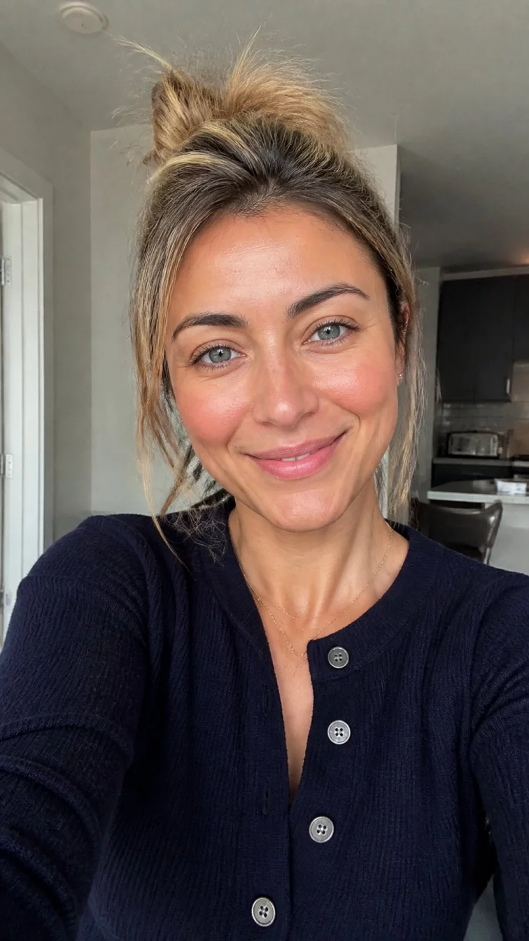 selfie of a 31-year-old Mediterranean woman with a heart-shaped face, golden brown, straight nose, straight eyebrows, and wide lips. Her face features slightly crooked smile, slightly flushed cheeks, and subtle natural facial asymmetry. She has almond-shaped blue eyes, high cheekbones, broad smile, confident. She is petite and is wearing a navy blue cardigan with smoked vanilla blonde messy bun hair, overcast daylight, indoor