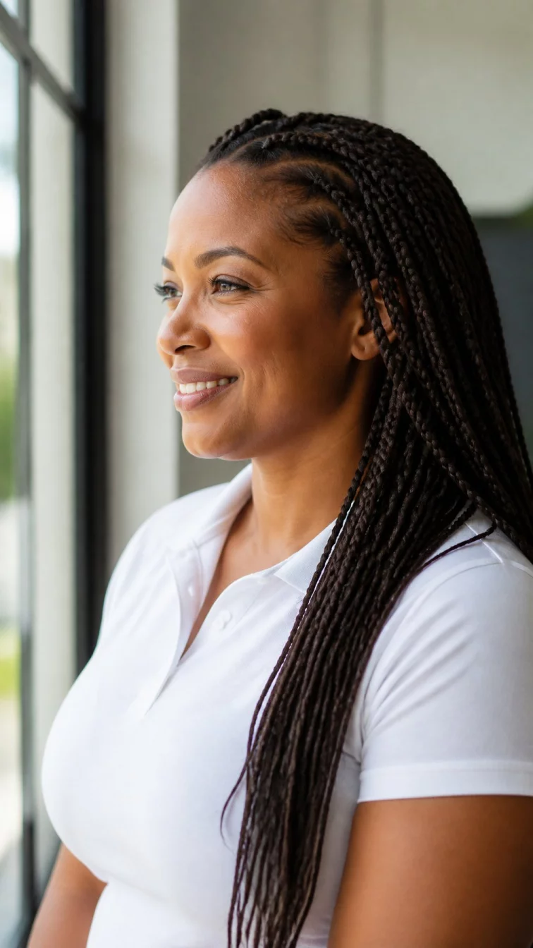 A side view photo of a 37-year-old Afro-Caribbean woman with a oblong face, tan, upturned nose, softly curved eyebrows, and wide lips. Her face features widow's peak hairline, a few laugh lines, and subtle natural facial asymmetry. She has downturned gray eyes, soft cheekbones, broad smile, thoughtful. She is curvy and is wearing a white tennis polo with dark espresso bean long braids hair, bright natural daylight, indoor