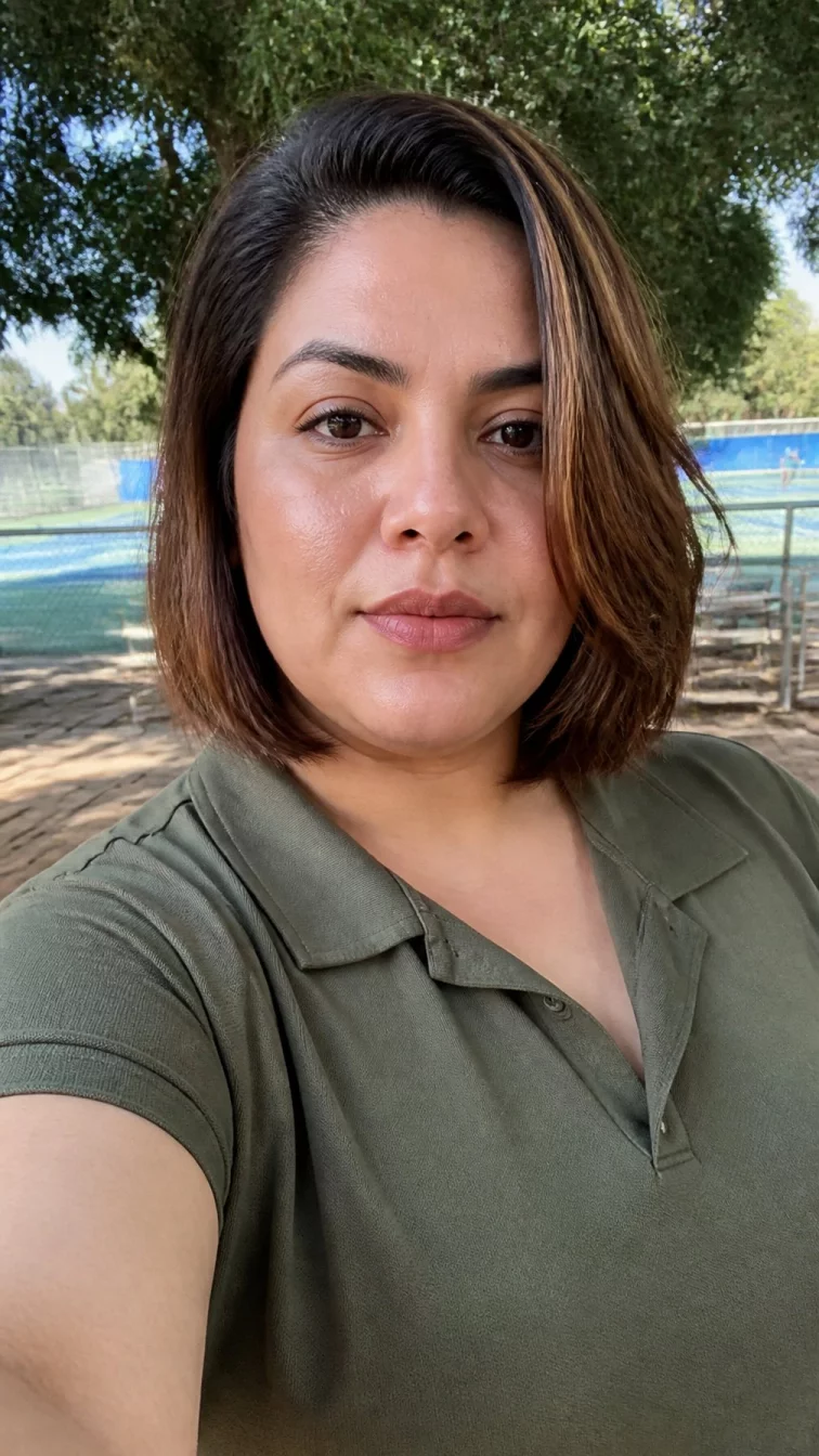 selfie of a 31-year-old Latina woman with a square face, olive, aquiline nose, softly curved eyebrows, and full lips. Her face features uneven eyebrows, visible pores, and subtle natural facial asymmetry. She has hooded dark brown eyes, pronounced cheekbones, neutral expression, relaxed. She is plus-size and is wearing a olive green tennis polo with sun-drenched chestnut layered bob hair, soft window light, outdoor