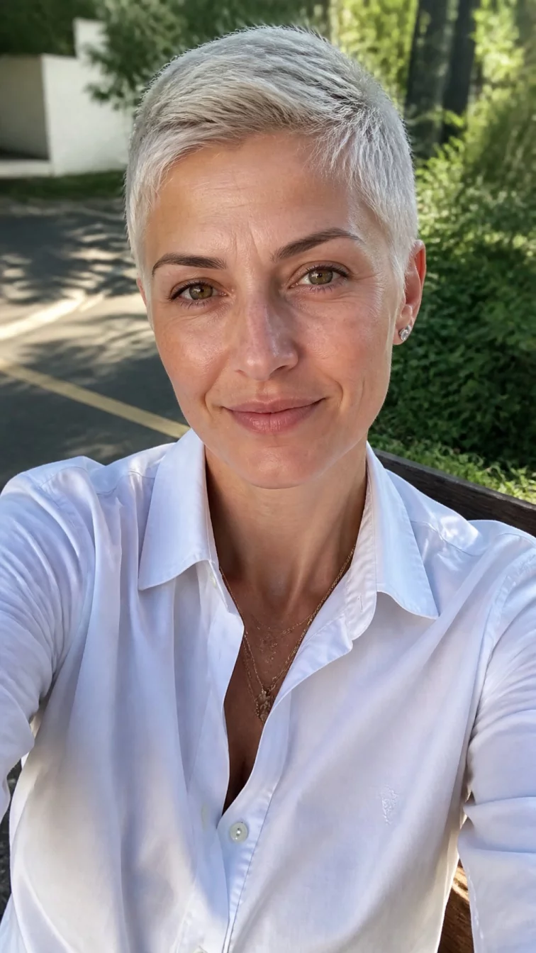 selfie of a 38-year-old Eastern European woman with a square face, olive, aquiline nose, feathered eyebrows, and thin lips. Her face features small scar on the eyebrow, light freckles, and subtle natural facial asymmetry. She has hooded hazel eyes, high cheekbones, closed-mouth smile, cheerful. She is athletic and is wearing a white oxford shirt with cool platinum pearl pixie cut hair, soft window light, outdoor