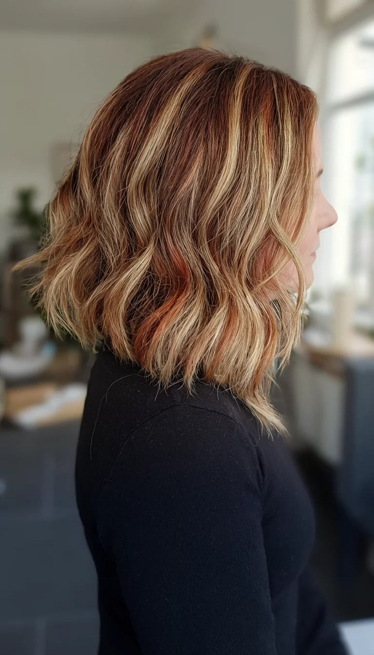 Honey Glazed Brunette casual photo of a 44-year-old woman wearing a black top with a brown with subtle reddish-blonde highlights colored mid-length wavy hairstyle, side view, indoor lighting