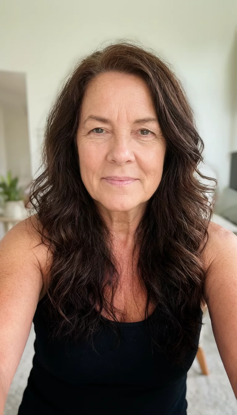 Shadowed Oak Tresses selfie of a 45-year-old woman wearing a black tank top with a dark brown colored very long wavy hairstyle, front view, soft natural light