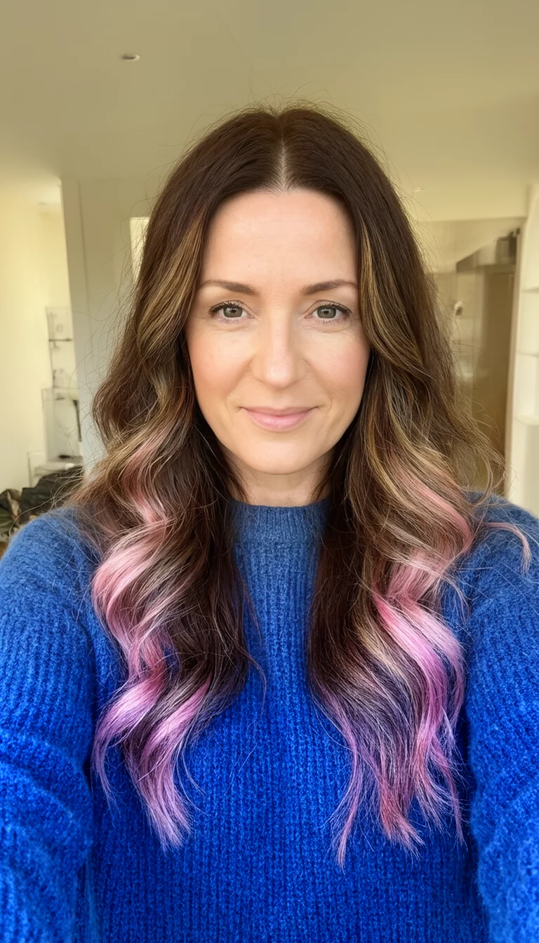 Blended Pastels And Brunettes selfie of a 43-year-old woman wearing a blue sweater with a dark brown, pastel pink, and highlighted brown colored long wavy hairstyle, front view, indoor background