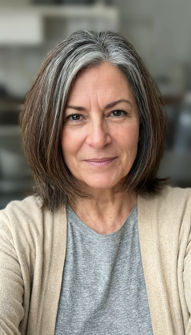 Pistachio Brown And Silver selfie of a 48-year-old woman wearing a beige cardigan over a grey shirt with a gray-streaked brown colored layered shoulder-length hairstyle, front view, blurred background
