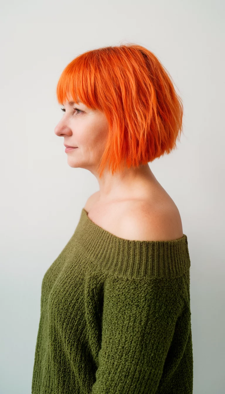 Burnt Apricot Pixie casual photo of a 40-year-old woman wearing an olive green off-the-shoulder sweater with a bright orange colored short choppy hairstyle with bangs, side profile view, minimalist background