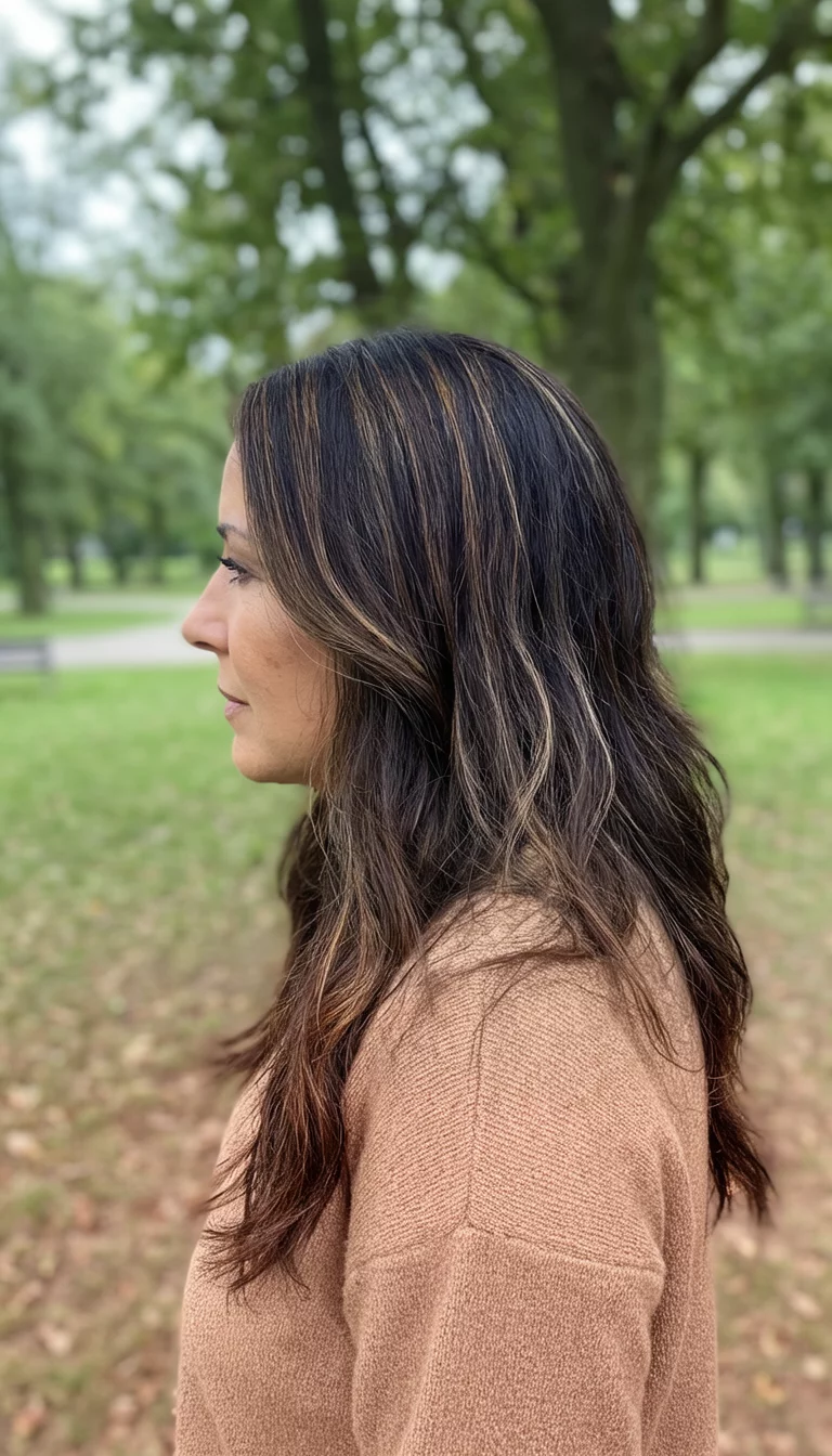 Sepia Brown Layers casual photo of a 43-year-old woman wearing a light brown sweater with a dark brown with subtle lighter brown highlights colored long layered hairstyle, side view, outdoor park