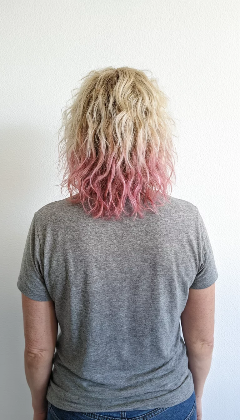 Pink Peonies And Messy Blondes casual photo of a 49-year-old woman wearing a grey t-shirt with a blonde messy wavy and pink-toned wavy colored shoulder-length hairstyle, back view, white wall
