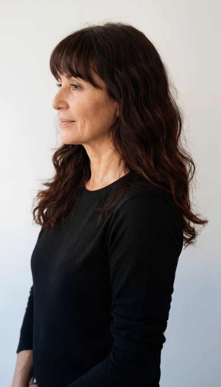 Espresso With Face Framing Fringe casual photo of a 49-year-old woman wearing a black long-sleeved shirt with a dark brown colored long wavy hairstyle with bangs, side view, light background