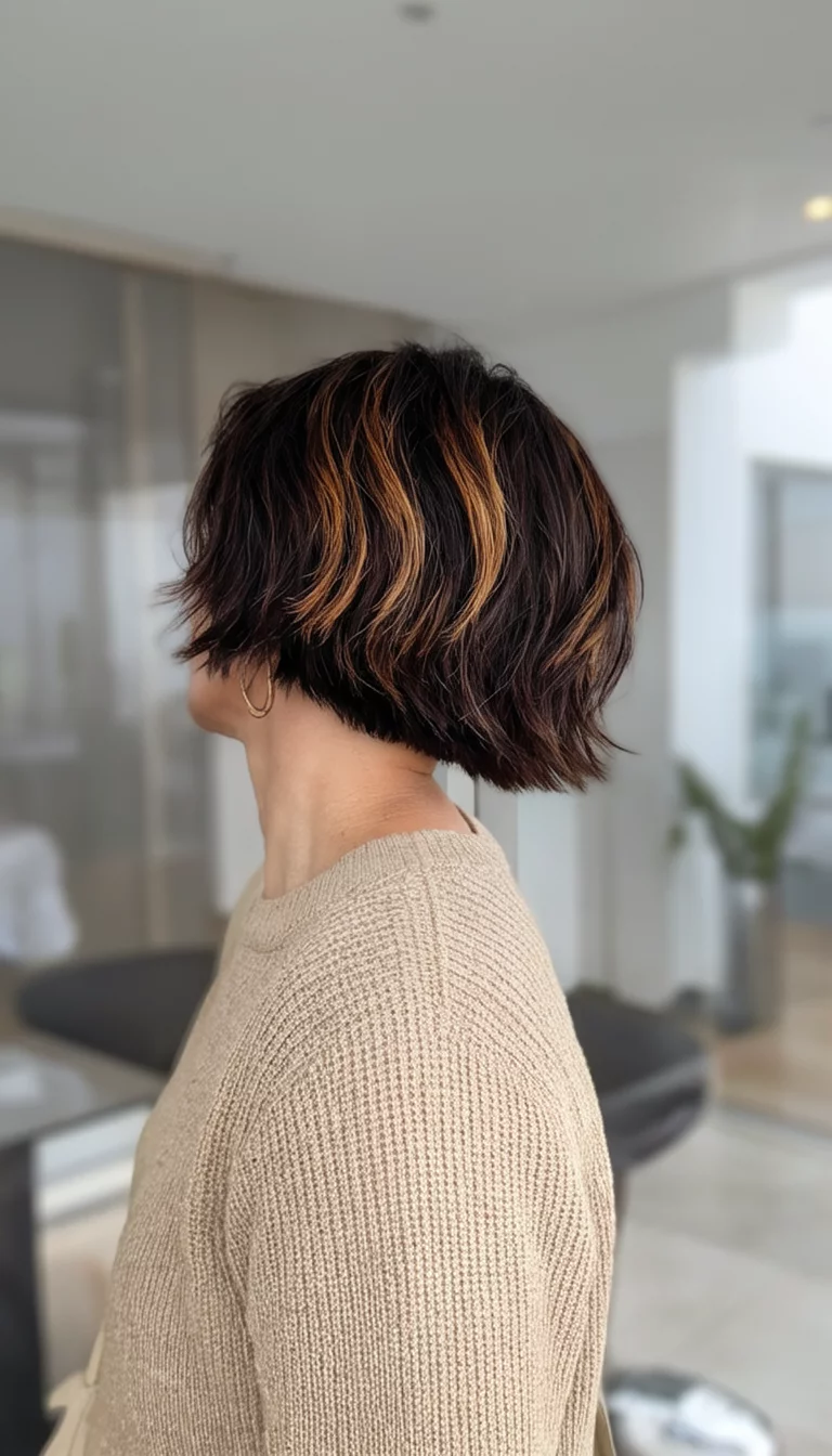 Toasted Nutmeg Bob casual photo of a 46-year-old woman wearing a beige sweater with a dark brown with lighter brown highlights colored short choppy bob hairstyle, side view, modern interior