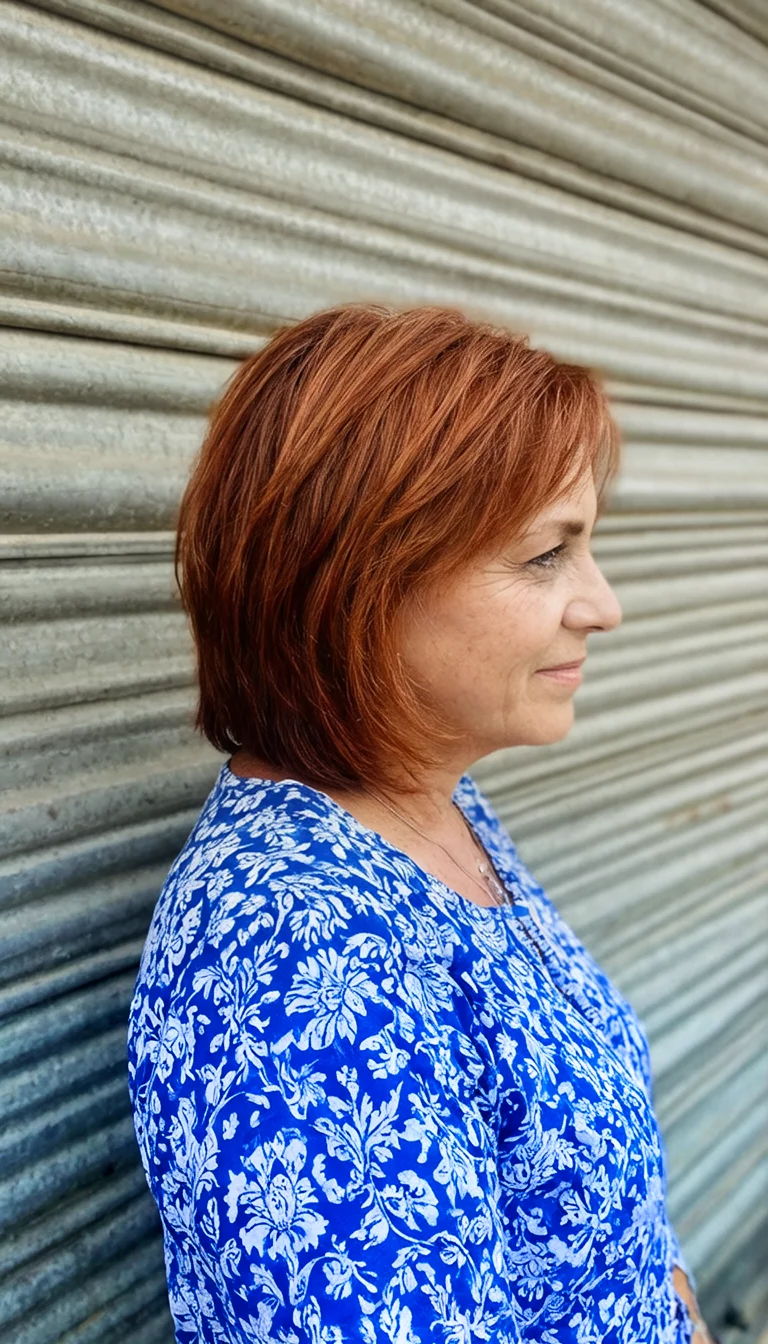 casual photo of a 44-year-old woman wearing a blue floral top with a reddish-brown colored layered hairstyle, side view, corrugated metal background