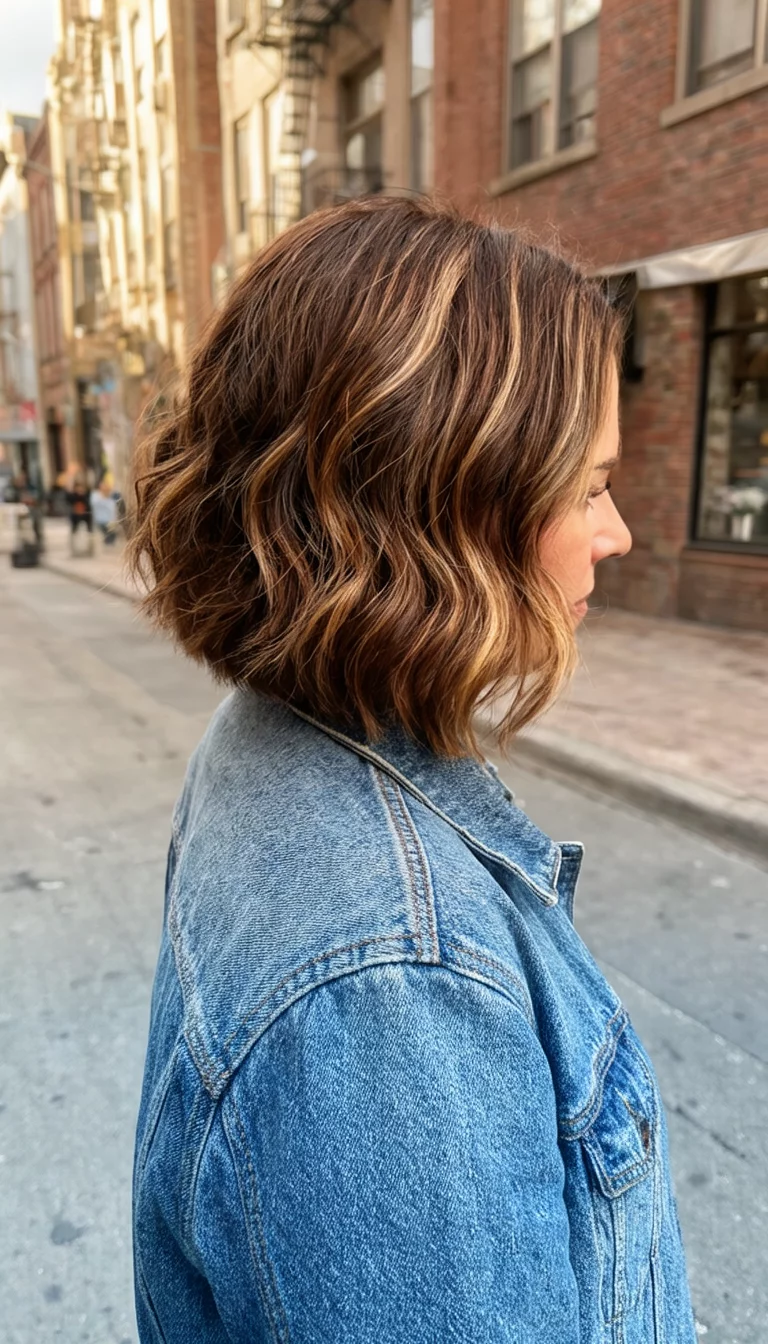Caramel Ribbon Bob casual photo of a 41-year-old woman wearing a denim jacket with a brown with lighter brown highlights colored short wavy hairstyle, side view, urban background