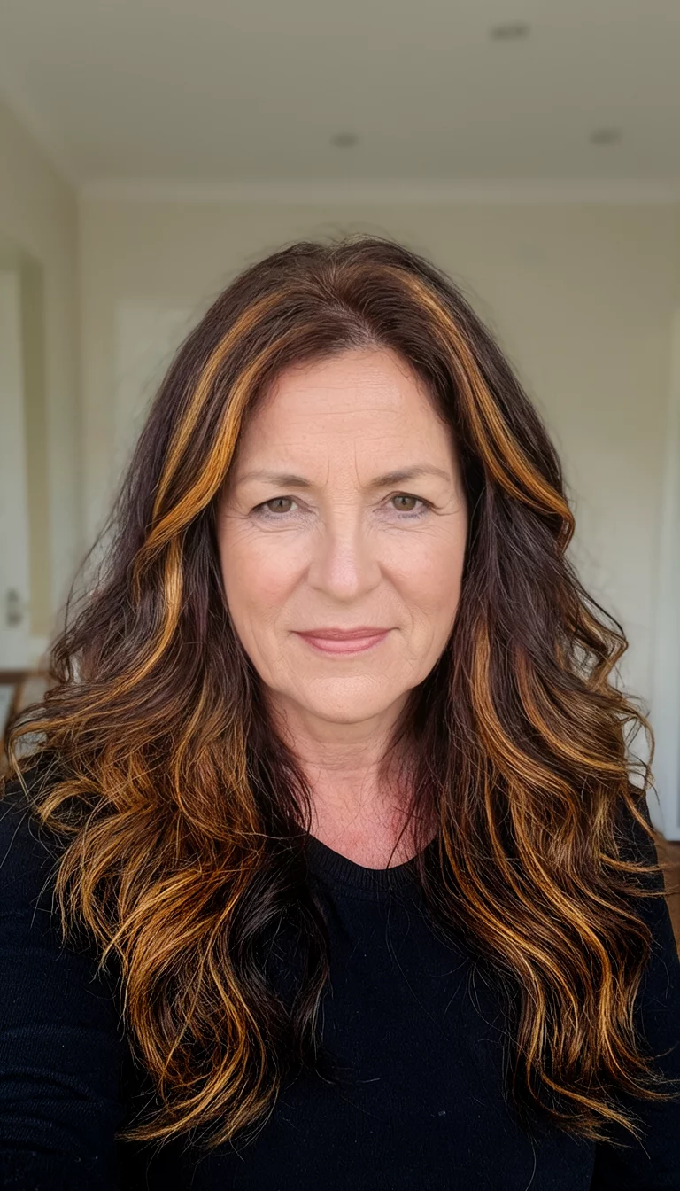 Tiger Eye Brunette selfie of a 48-year-old woman wearing a black top with a dark brown with caramel and ginger streaks colored long wavy hairstyle, front view, interior lighting