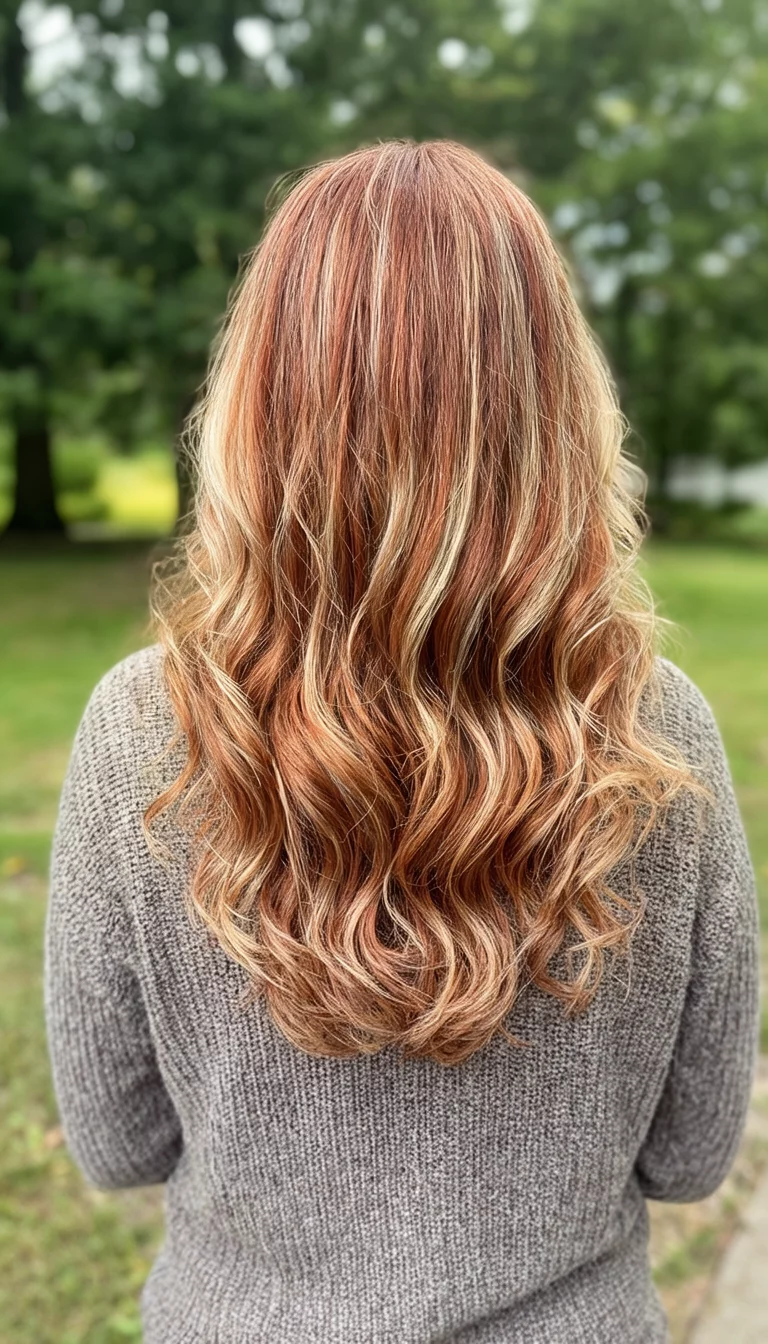 Sun Kissed Copper Balayage casual photo of a 45-year-old woman wearing a sweater with a copper and blonde highlighted colored long wavy hairstyle, back view, outdoor background