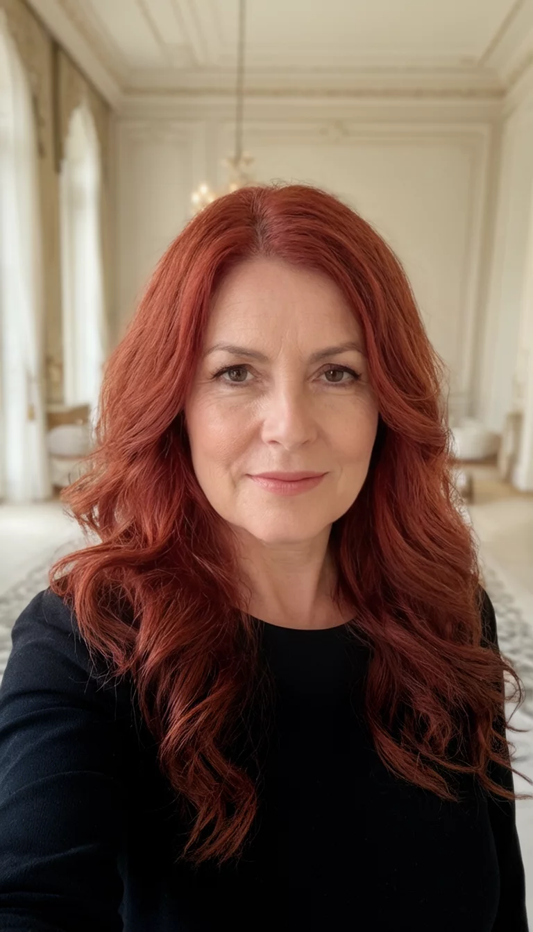 Rich Mahogany Waves selfie of a 47-year-old woman wearing a black top with a reddish-auburn colored long wavy hairstyle, front view, elegant setting