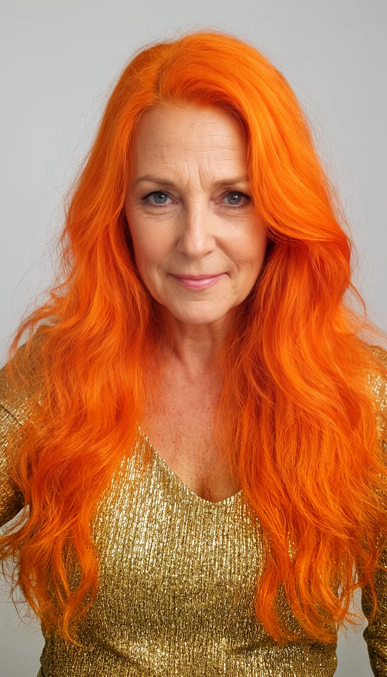 Vivid Clementine Volume selfie of a 40-year-old woman wearing a gold shimmering top with a bright orange colored long voluminous hairstyle, front view, studio background