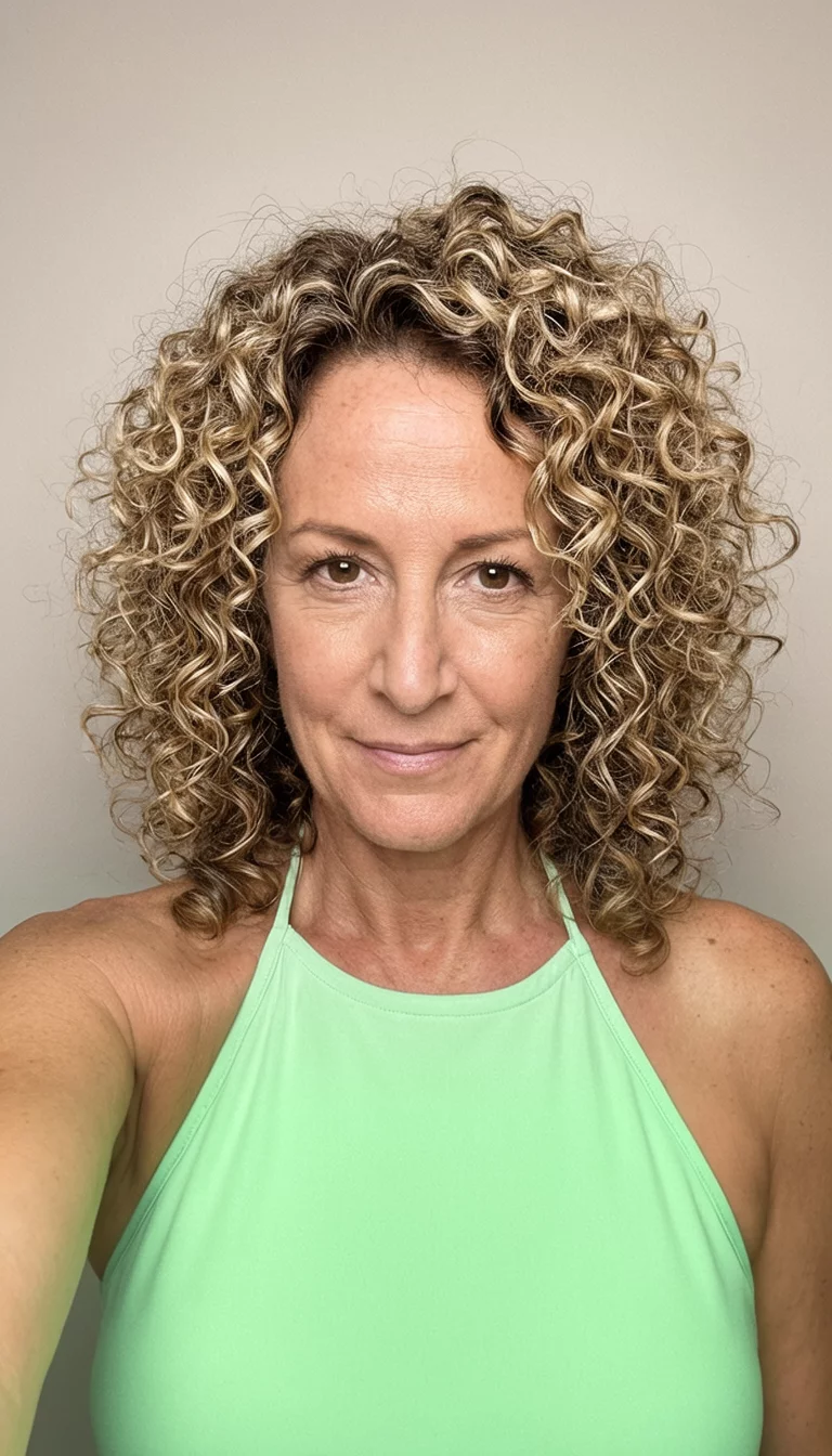 Golden Honey Curls selfie of a 42-year-old woman wearing a light green halter top with a blonde and brown highlighted colored voluminous curly hairstyle, front view, neutral background
