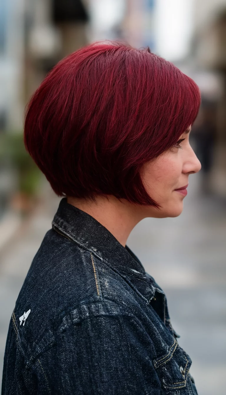 Deep Crimson Crop casual photo of a 41-year-old woman wearing a dark denim jacket with a deep red colored short layered hairstyle, side profile view, blurred background