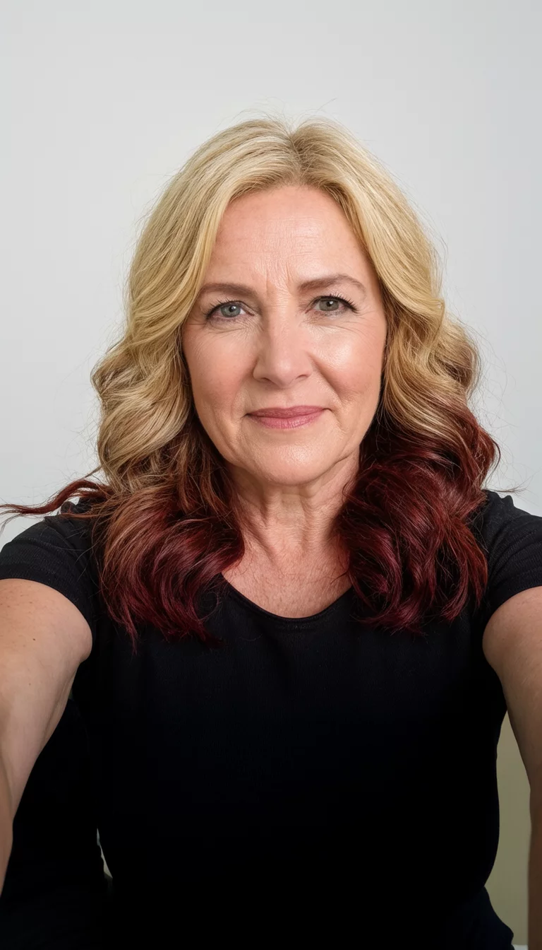 Trio Of Golden Tones selfie of a 47-year-old woman wearing a black top with a blonde, honey-blonde, and dark reddish-brown colored wavy hairstyle, front view, studio background
