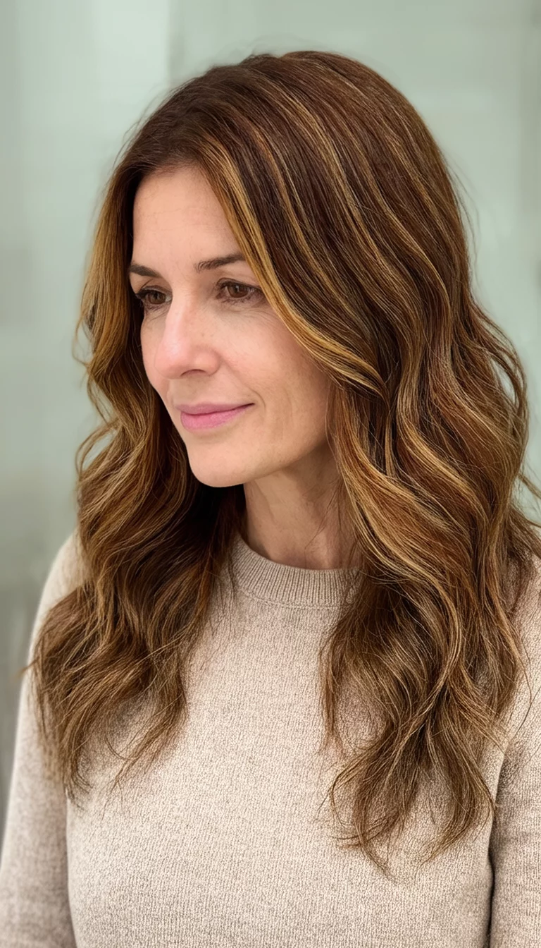 Auburn And Cocoa Duo casual photo of a 44-year-old woman wearing a simple sweater with an auburn and highlighted brown colored long wavy hairstyle, side and front view, soft background