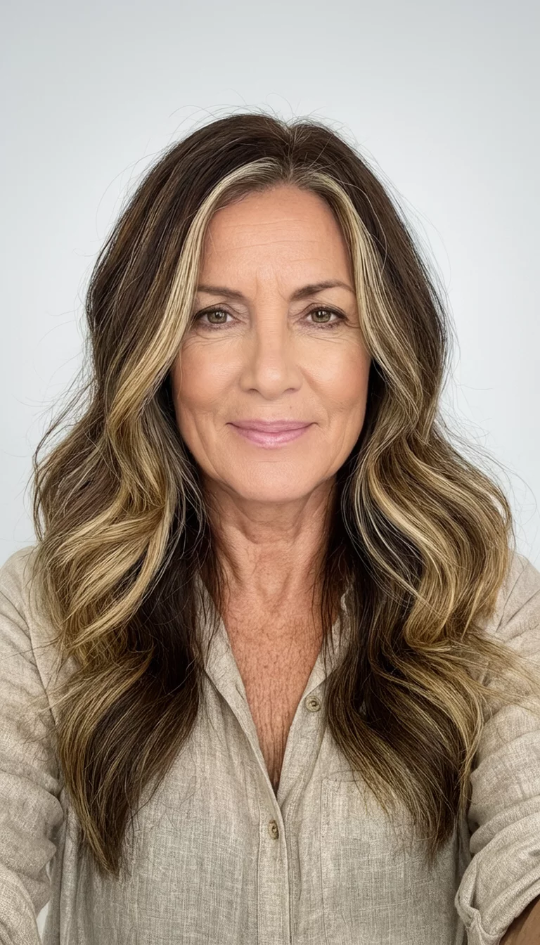 Triple Toffee Highlights selfie of a 49-year-old woman wearing a casual shirt with a brown and blonde highlighted colored long wavy hairstyle, front view, studio lighting