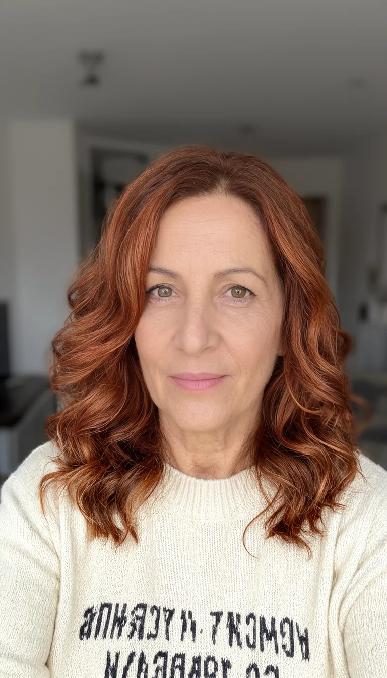 Cinnamon Spice Shag selfie of a 42-year-old woman wearing a cream-colored sweater with text with a copper-toned colored layered wavy hairstyle, front view, indoor background