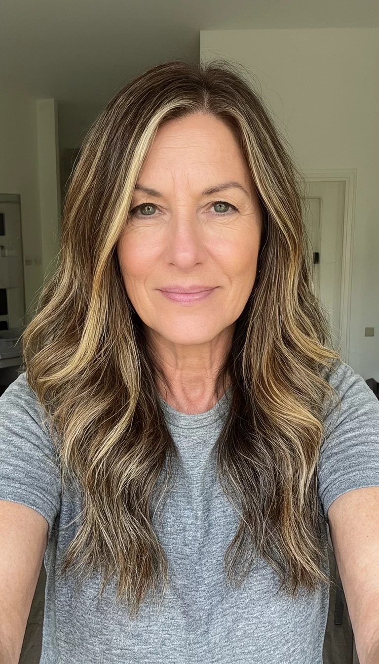 Buttermilk Brown Shimmer selfie of a 57-year-old woman wearing a casual top with a brown and blonde highlighted colored long, wavy hairstyle, front view, indoor background