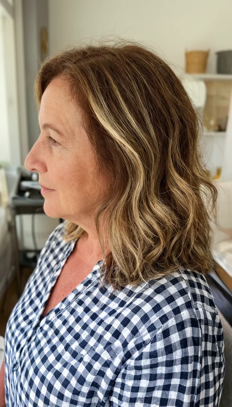 Checkered Toasted Almond casual photo of a 53-year-old woman wearing a checkered top with a brown and blonde highlighted colored medium-length, wavy hairstyle, side view, indoor background