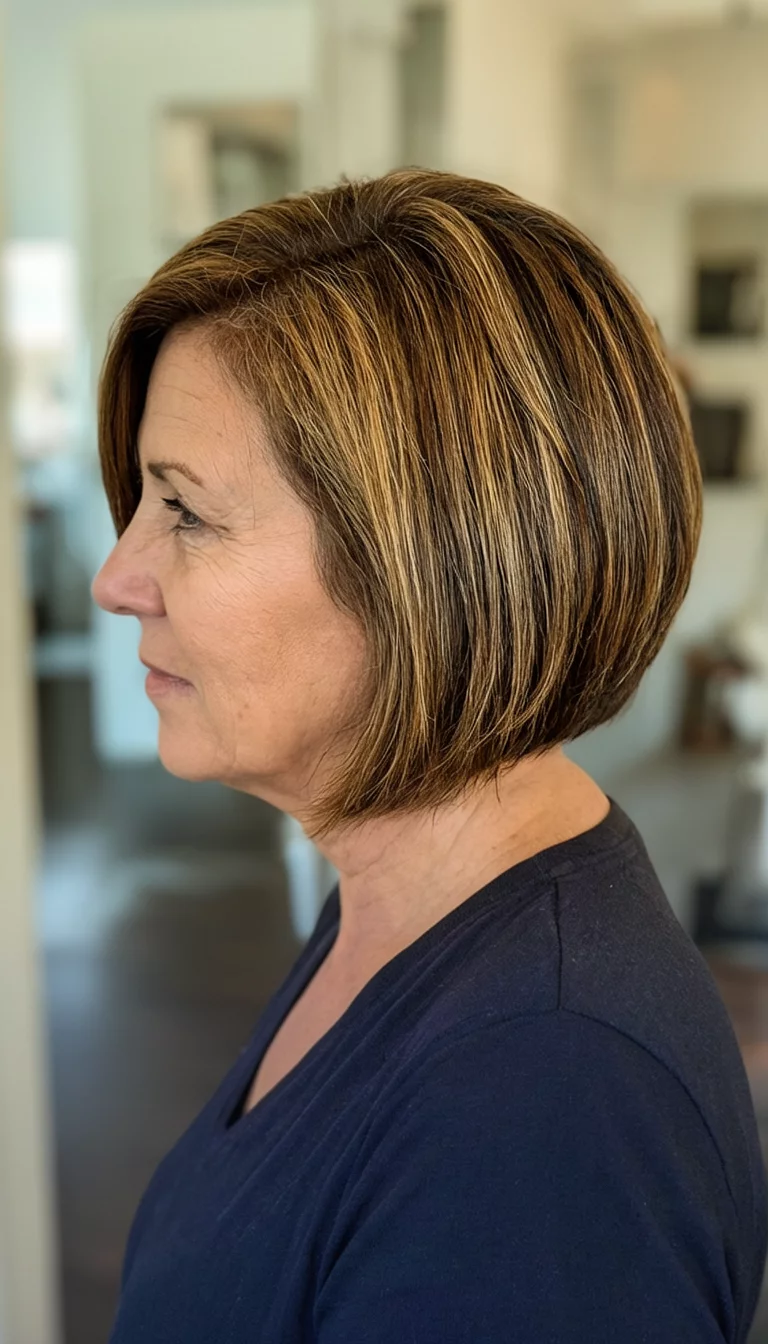 Caramel Ribboned Noir casual photo of a 53-year-old woman wearing a dark top with a dark brown and caramel highlighted colored layered bob hairstyle, side view, indoor background
