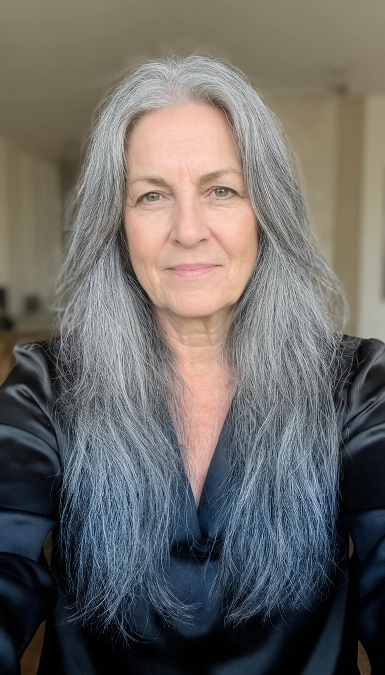 Satin Slate Waves selfie of a 58-year-old woman wearing a black satin top with a gray colored long, flowing hairstyle, front view, indoor background