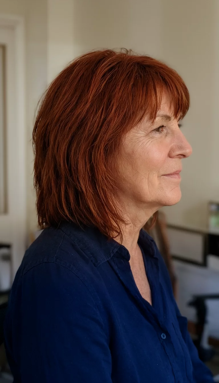 Sunset Auburn Volume casual photo of a 51-year-old woman wearing a dark blue shirt with a auburn colored medium-length, layered hairstyle, side view, indoor background